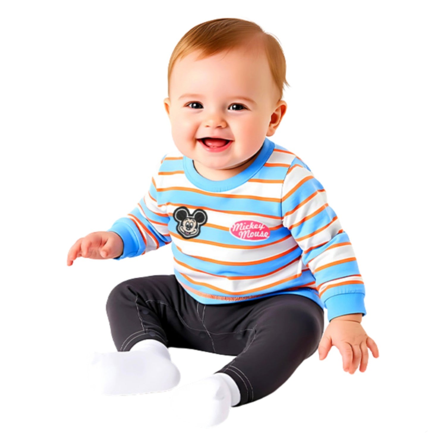 [Babydoll] Mickey striped romper with patch 1259B / Baby size, baby, baby gift, present, baby clothes, coverall, docking romper, easy, jersey material, link coordination, matching look, parent-child coordination
