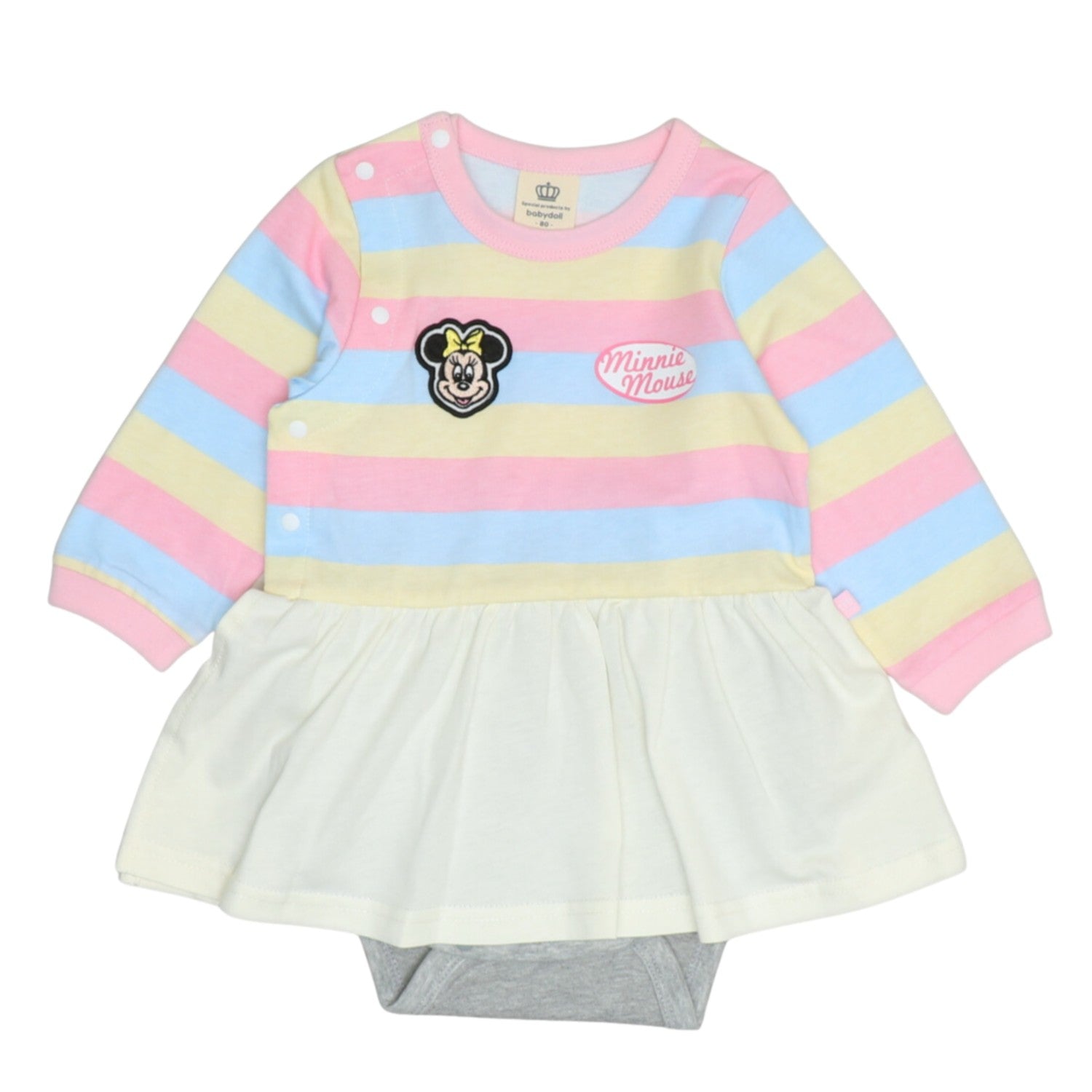 [Babydoll] Minnie striped romper with patch 1259B / Baby size, baby, baby gift, present, baby clothes, coverall, docking romper, easy, jersey material, link coordination, matching look, parent-child coordination