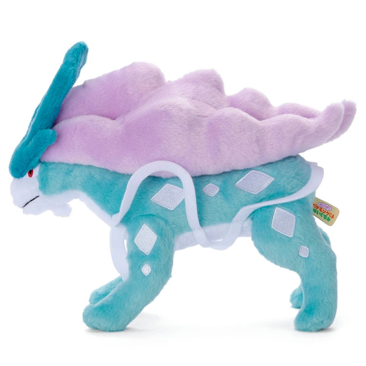 Close-up of Suicune plush toy face with Japanese packaging