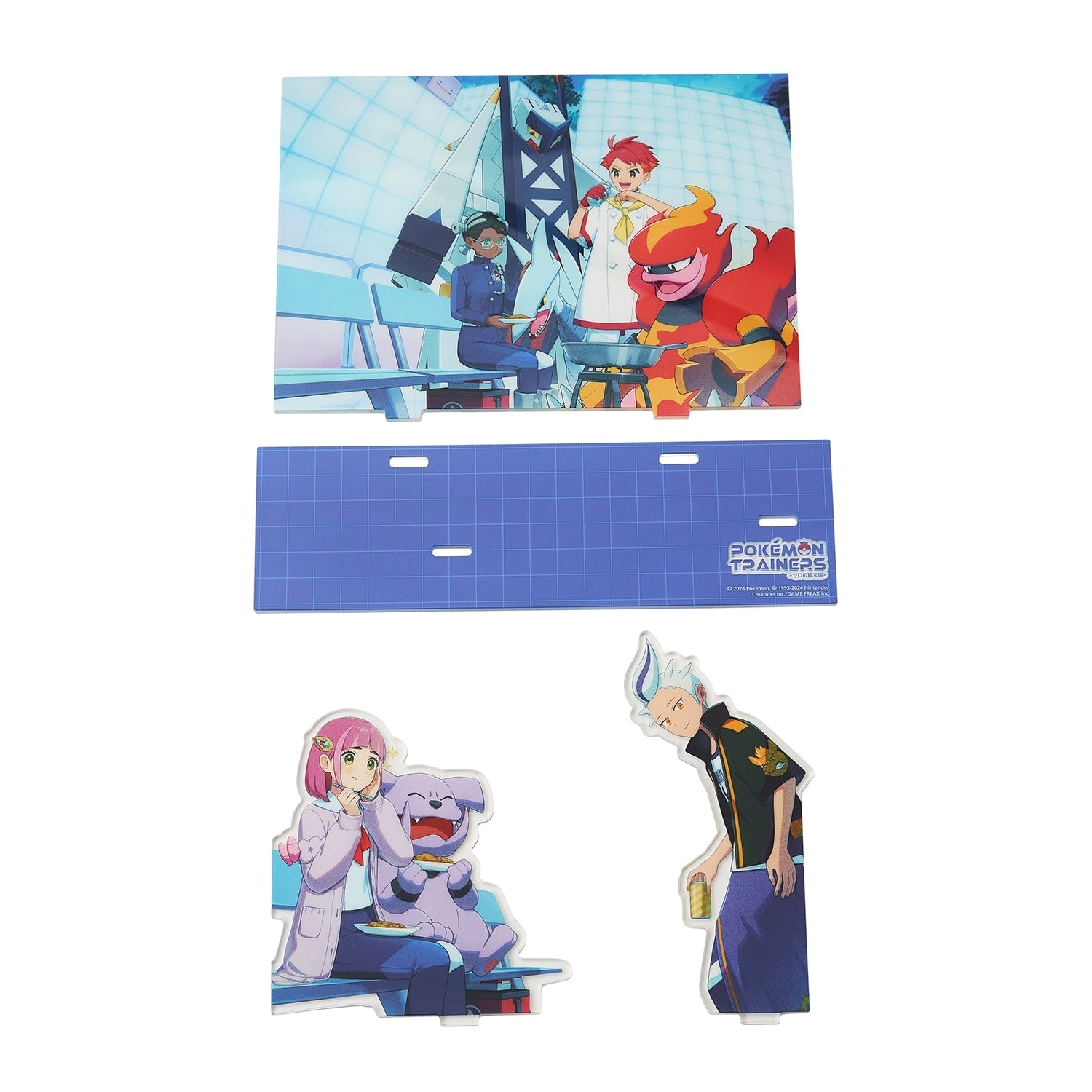 Authentic Pokemon Diorama Acrylic Stand featuring Blueberry Academy trainers, made in Japan