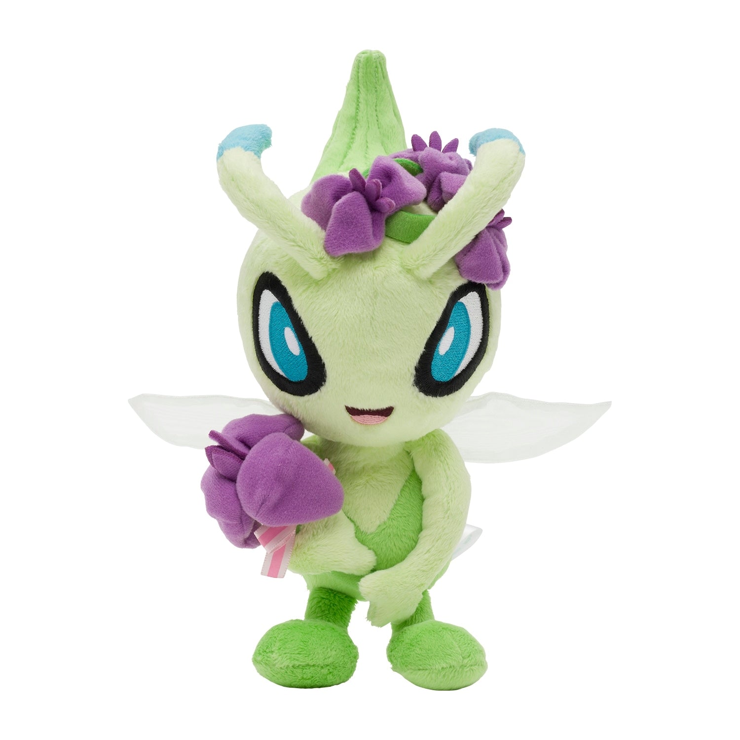 Plush Celebi from Japan, back view with intricate leaf details and tag