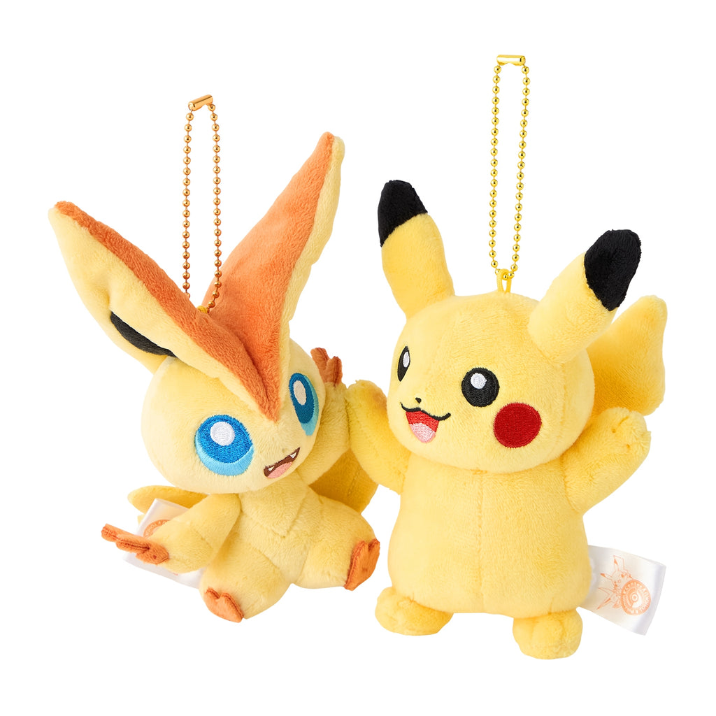 Pikachu and Victini mascot figures from Japan, cute and colorful design