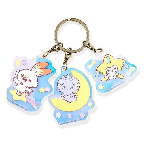 Aurora acrylic keychain set Hibani Nyasper Jirachi from Japan, featuring a Steel/Psychic-type Pokemon