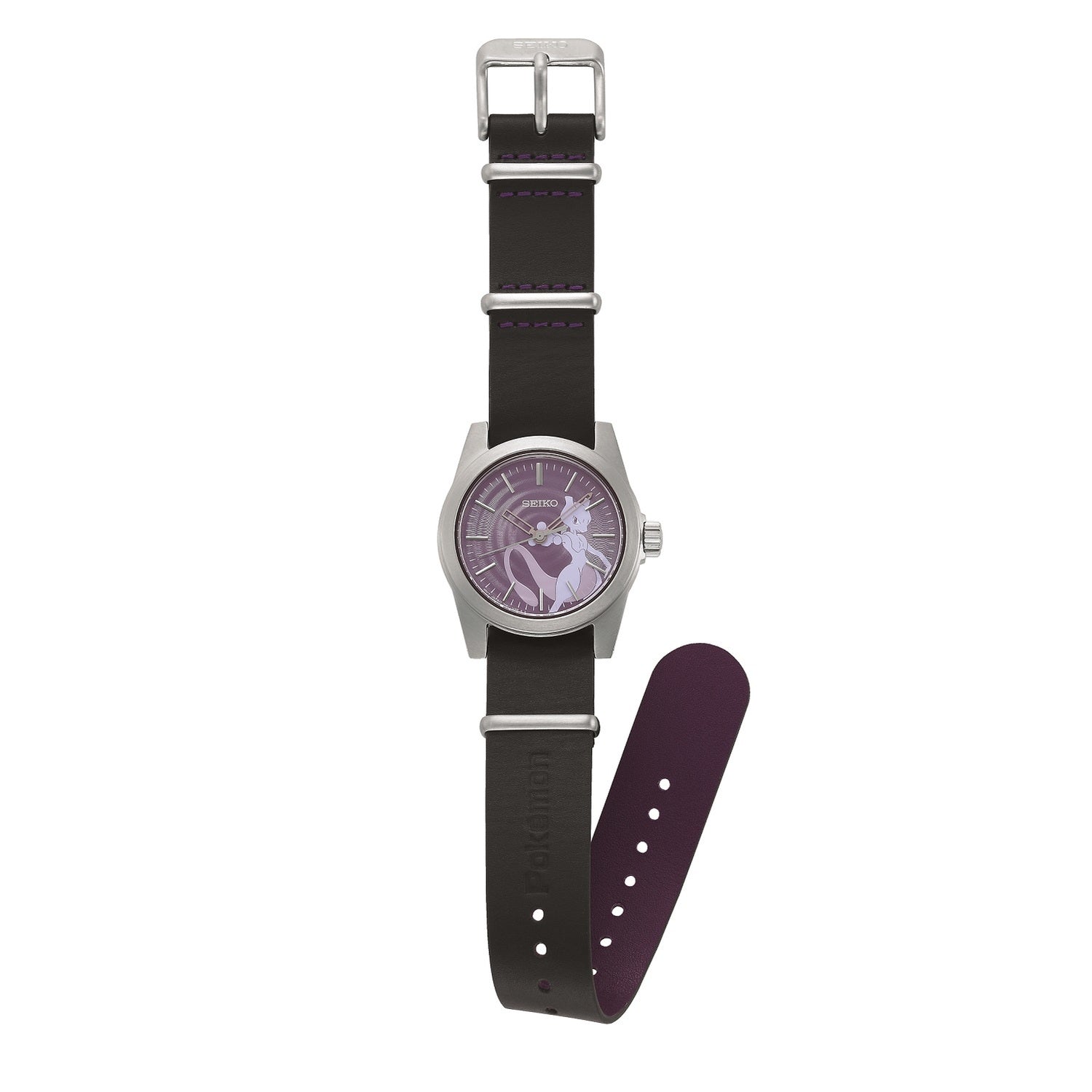 Close-up of Seiko & Pokemon Mewtwo watch face, featuring Psychic-type Pokemon