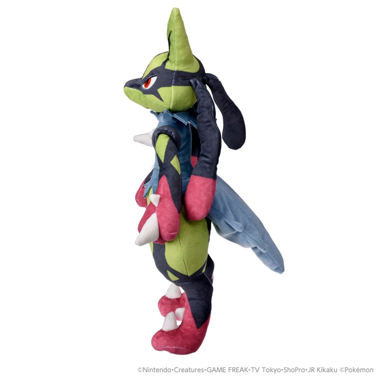 Mega Lucario plushie sitting down, showcasing its vibrant yellow fur and red aura from Japan