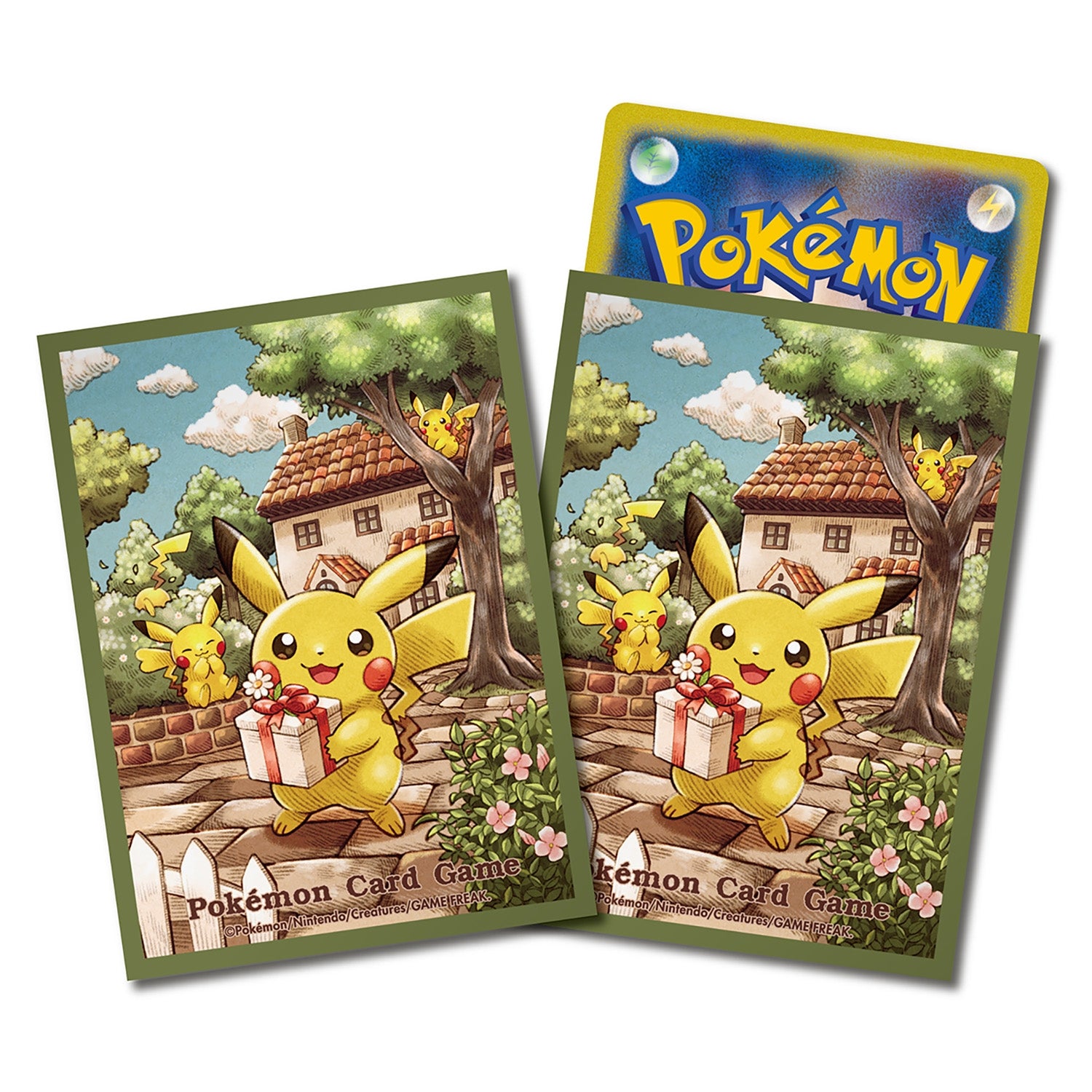 Pokémon TCG Deck Shield Sleeves – Pikachu's Gift Green (60-Pack)