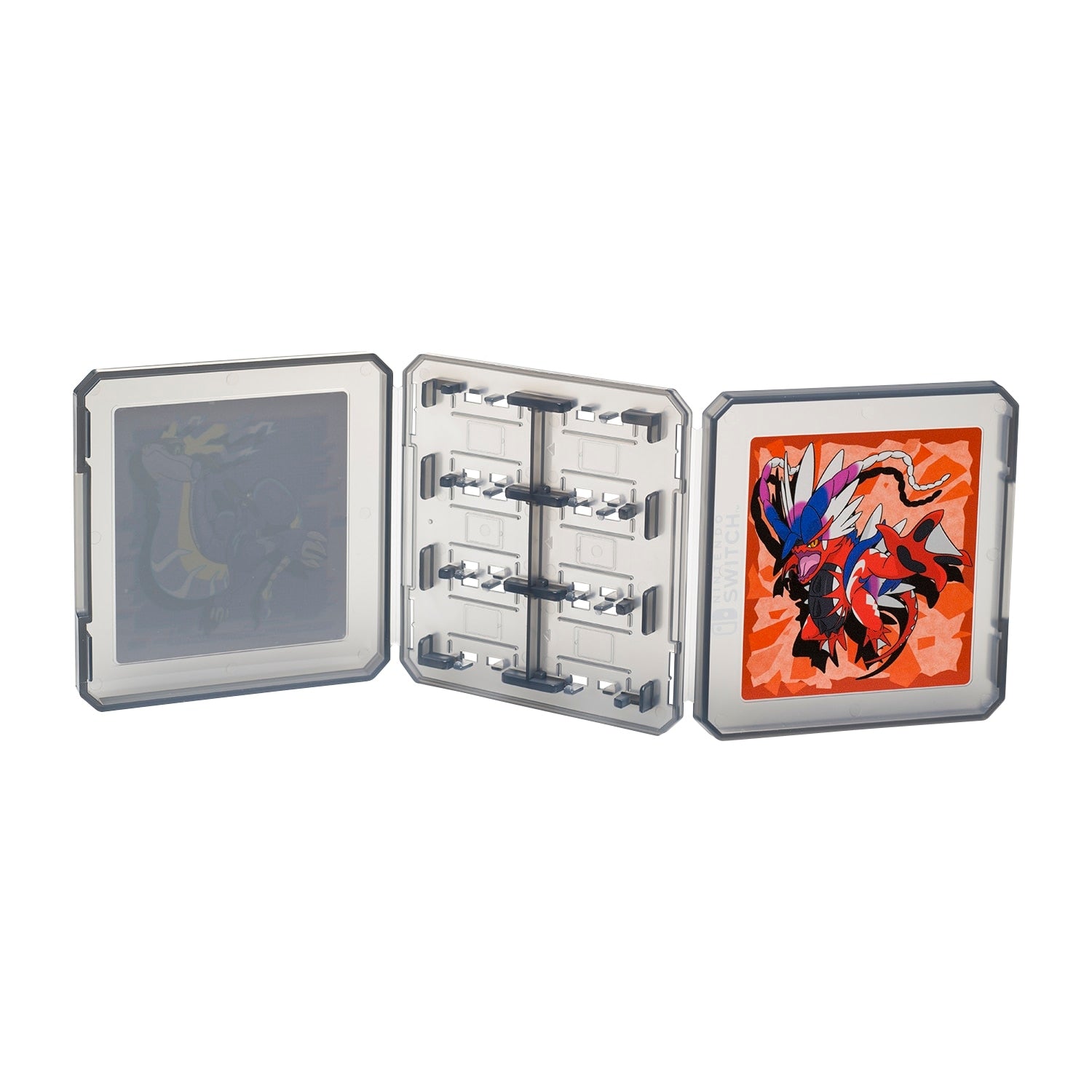 Close-up of Pokemon Card Case 12 for Nintendo Switch, featuring Koraidon and Miraidon, made in Japan