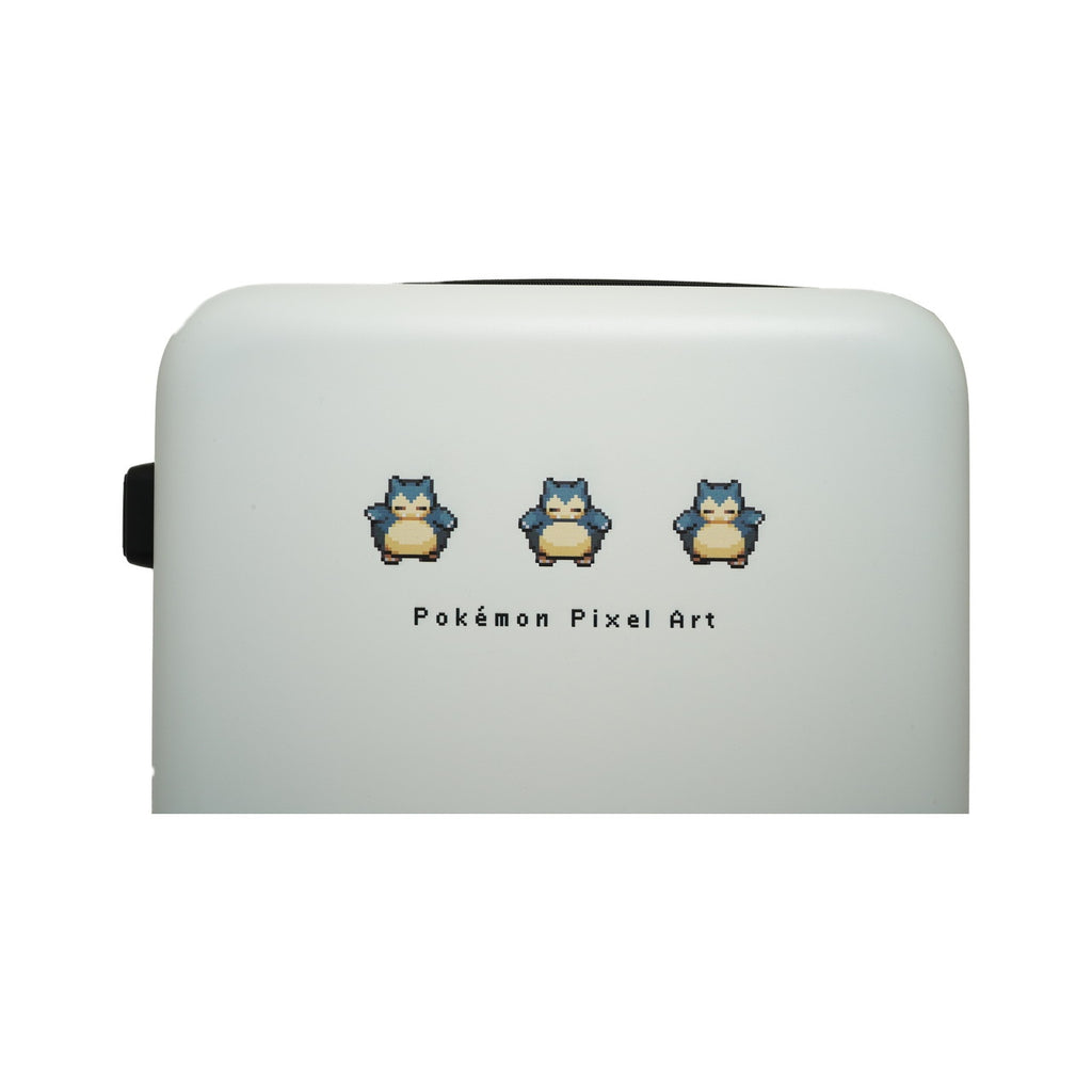 Official Pokemon Center Japan Snorlax suitcase, white color with pixel art details from Japan