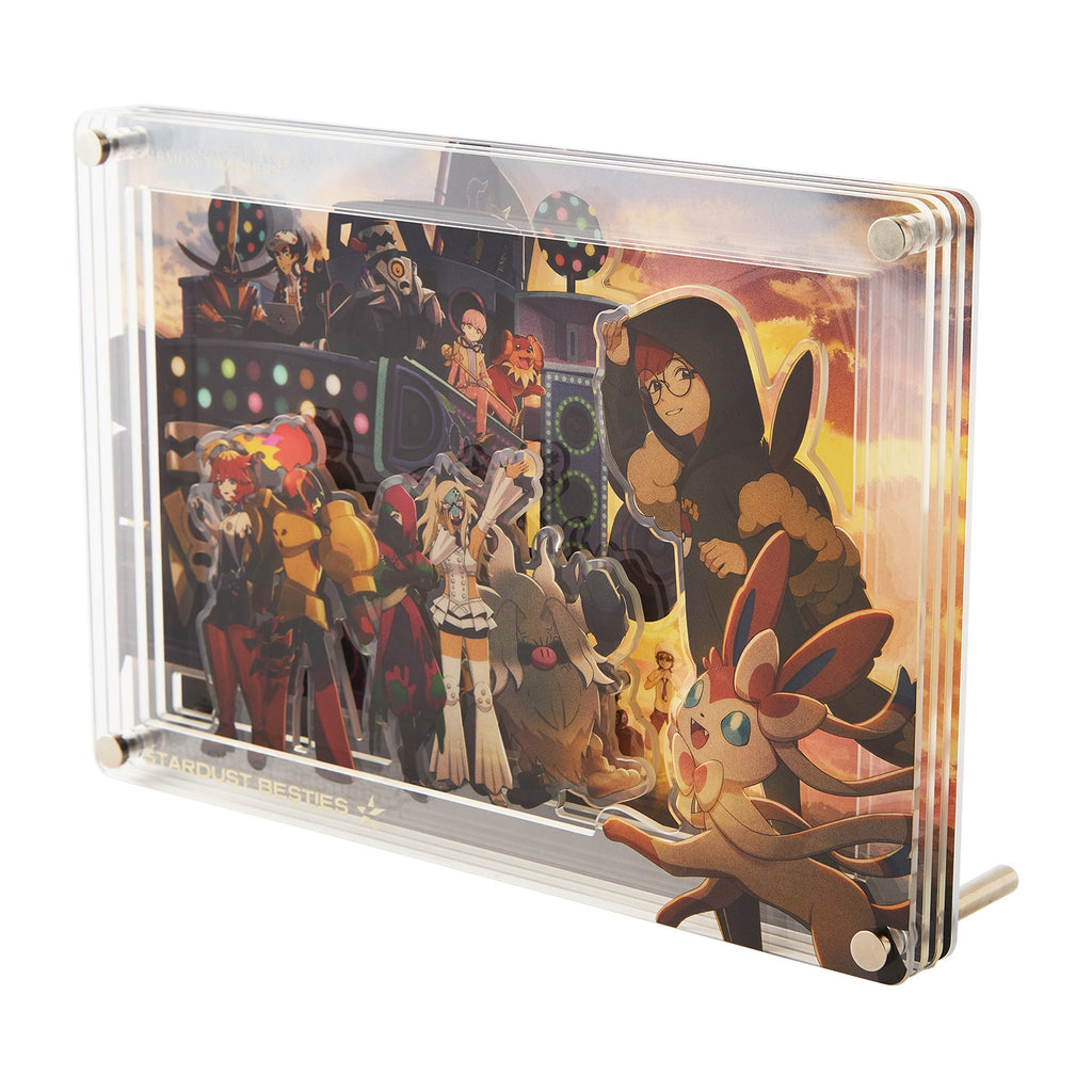 Close-up of Pokemon Trainers acrylic stand with detailed anime artwork from Japan