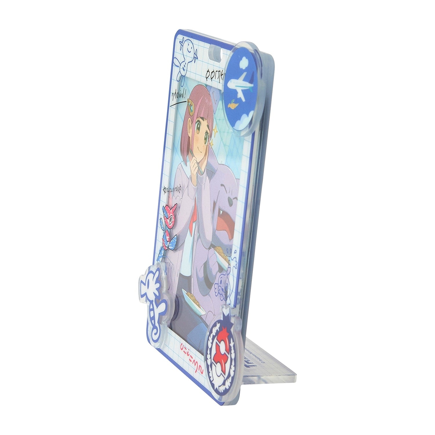 Close-up of Pokémon Trainers Blueberry Academy Acrylic Photo Holder, showcasing Japanese design