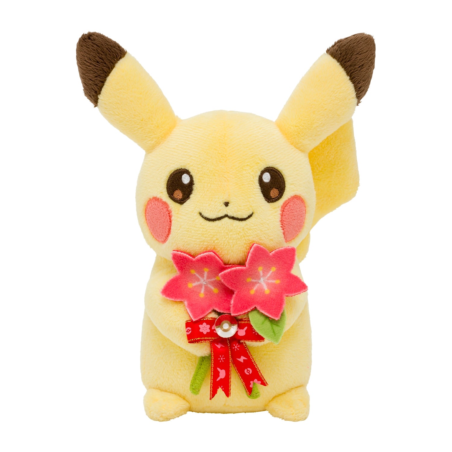 Adorable Pikachu plush with red cheeks, made in Japan