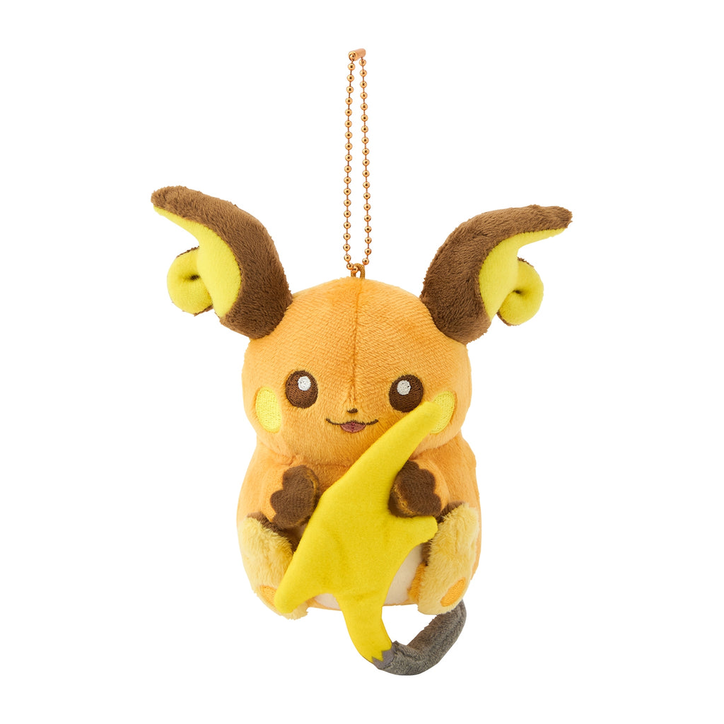 Alolan Raichu mascot from Japan, brown and yellow electric mouse Pokemon with a surfboard