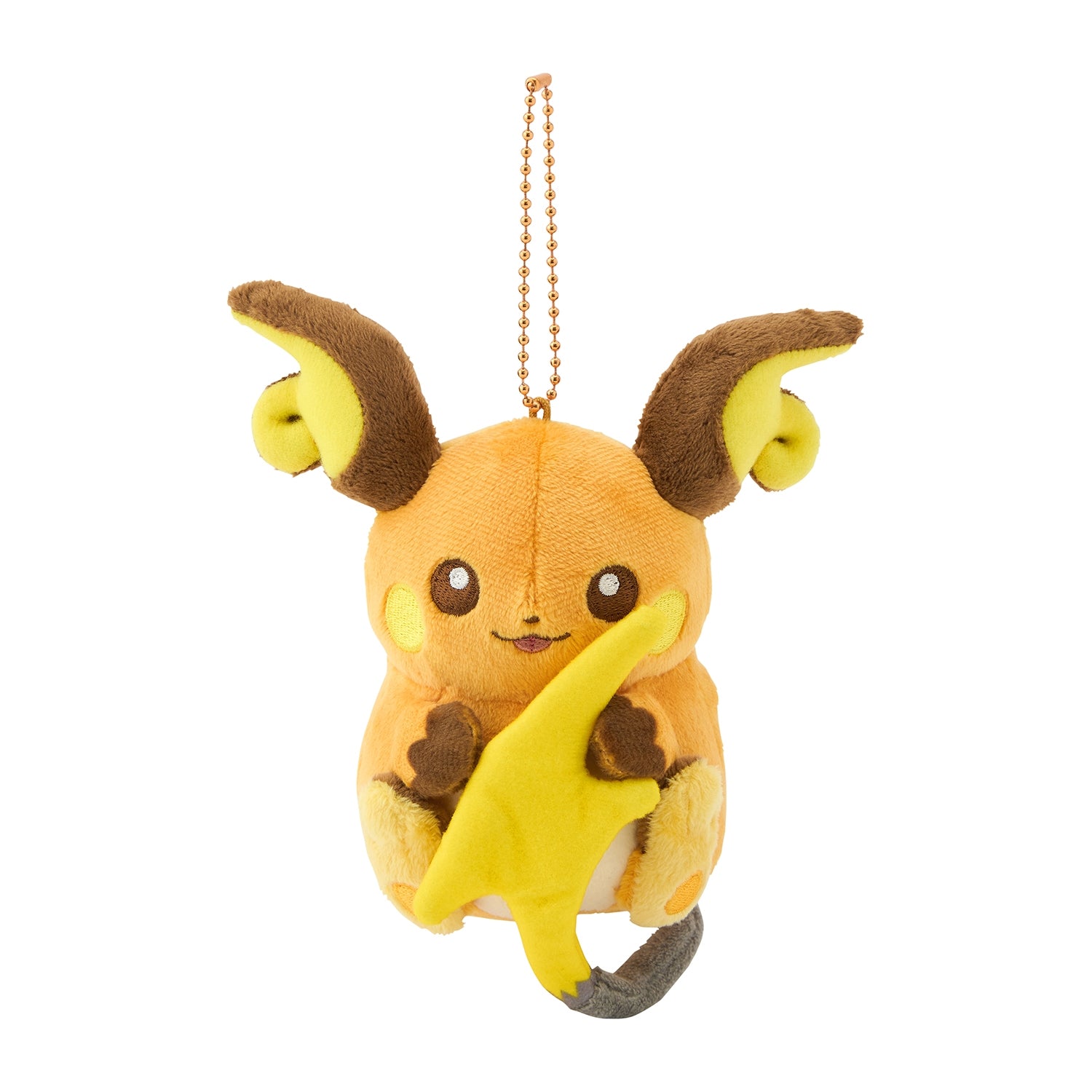 Alolan Raichu mascot from Japan, brown and yellow electric mouse Pokemon with a surfboard