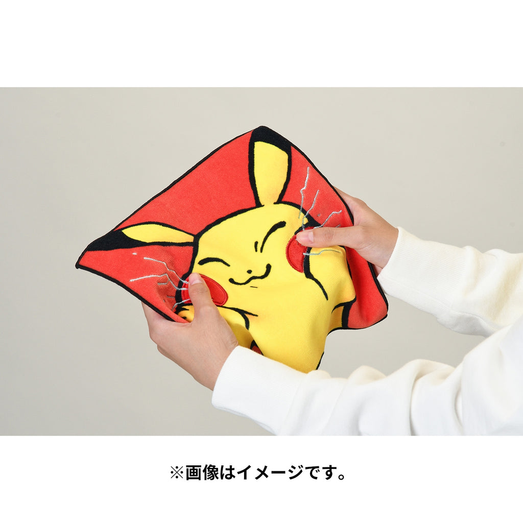 Close-up of Pikachu's face on Japanese hand towel