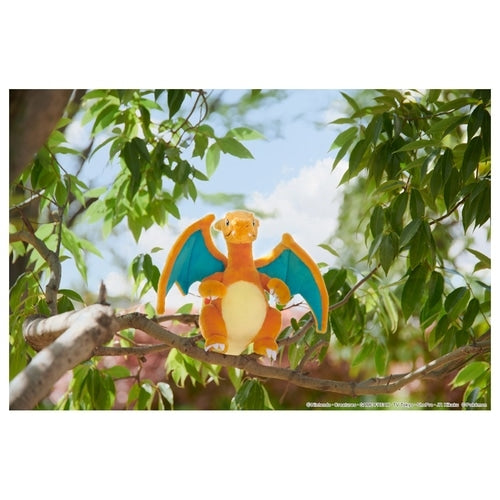 Charizard plush toy standing, showcasing its large size and authentic Japanese packaging