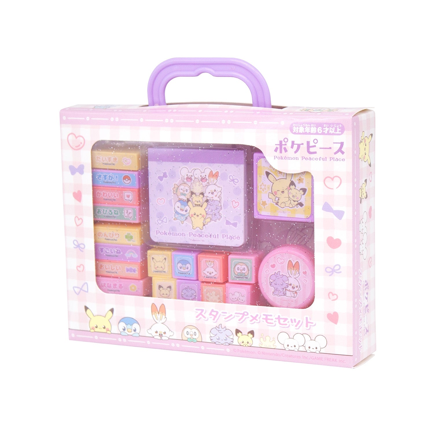 Close-up of Pokemon stamp memo set with Japanese packaging