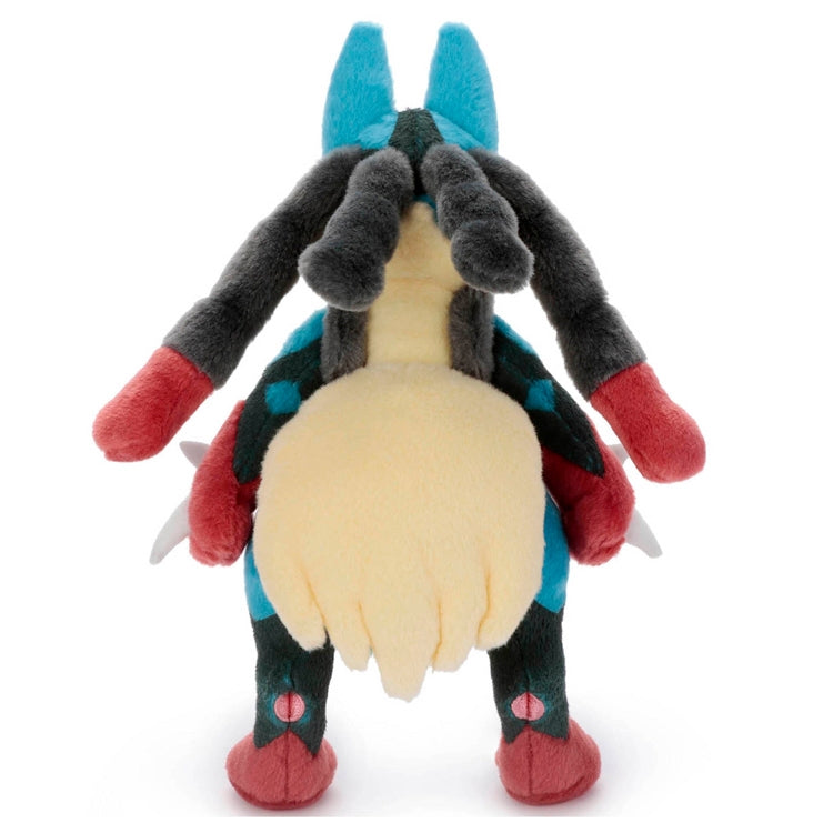 Authentic Japanese Pokemon Mega Lucario plush toy, side view with textured details