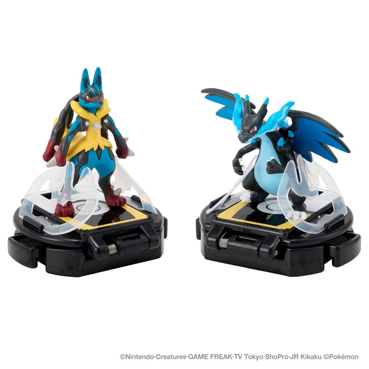 Authentic Japanese Pokemon figure, Mega Lucario and Mega Charizard X facing off, detailed design