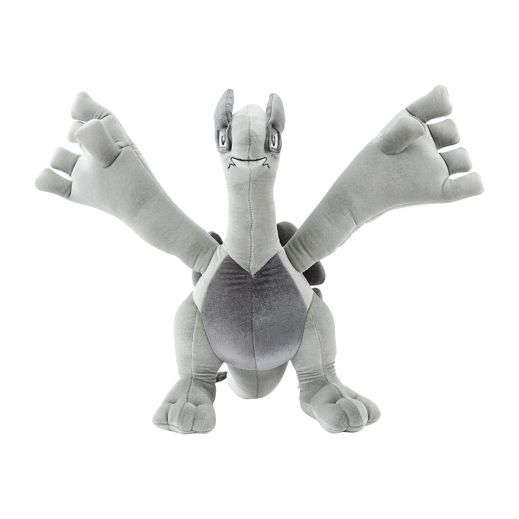 Authentic Pokemon Lugia silver plushie, front view with Japanese packaging