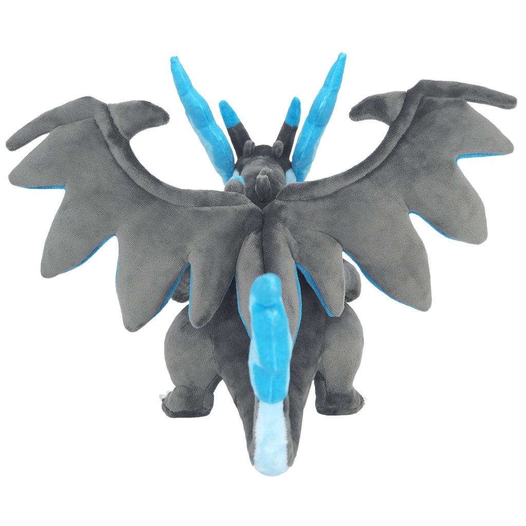 Back view of Mega Charizard X plushie, showcasing Japanese craftsmanship
