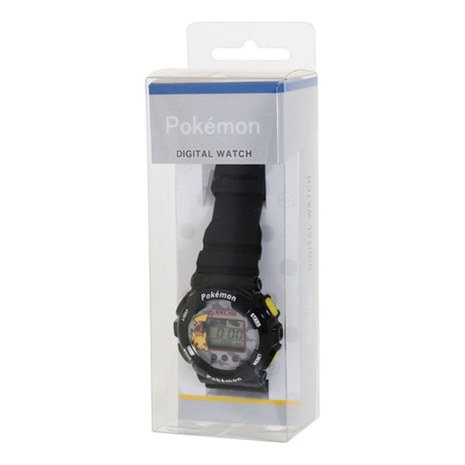 Close-up of Pokemon digital watch black face with Japanese details, officially licensed