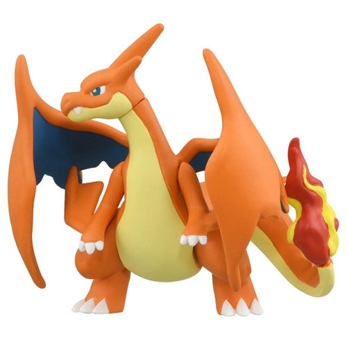 Japanese Moncolle Mega Charizard Y figure, highlighting intricate details and colors