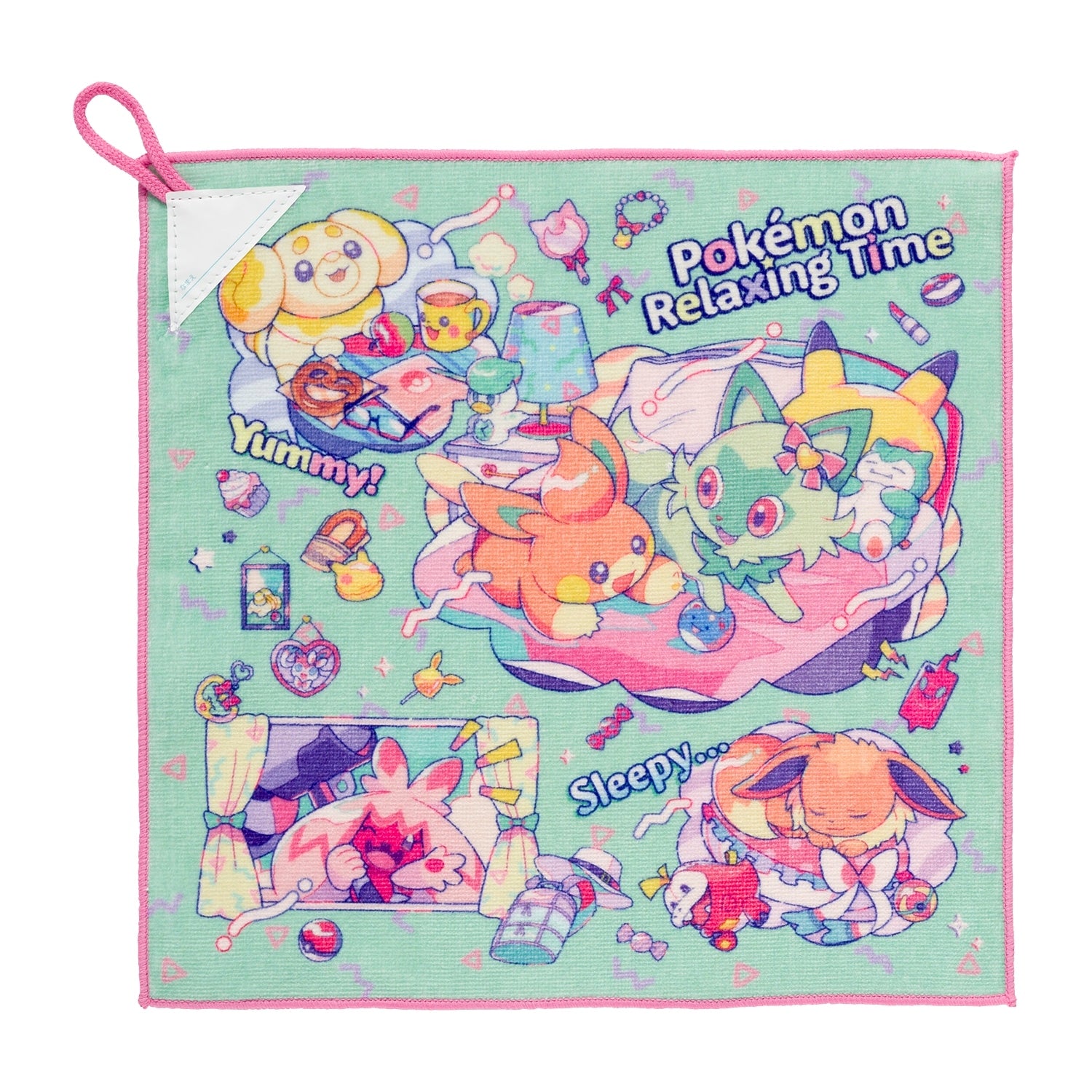 Pokémon Relaxing Time hand towel with loop from Japan, featuring colorful anime characters