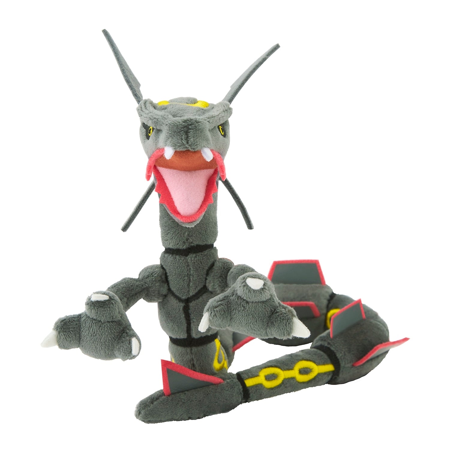 Authentic Japanese Plush Black Rayquaza, front view with vibrant colors