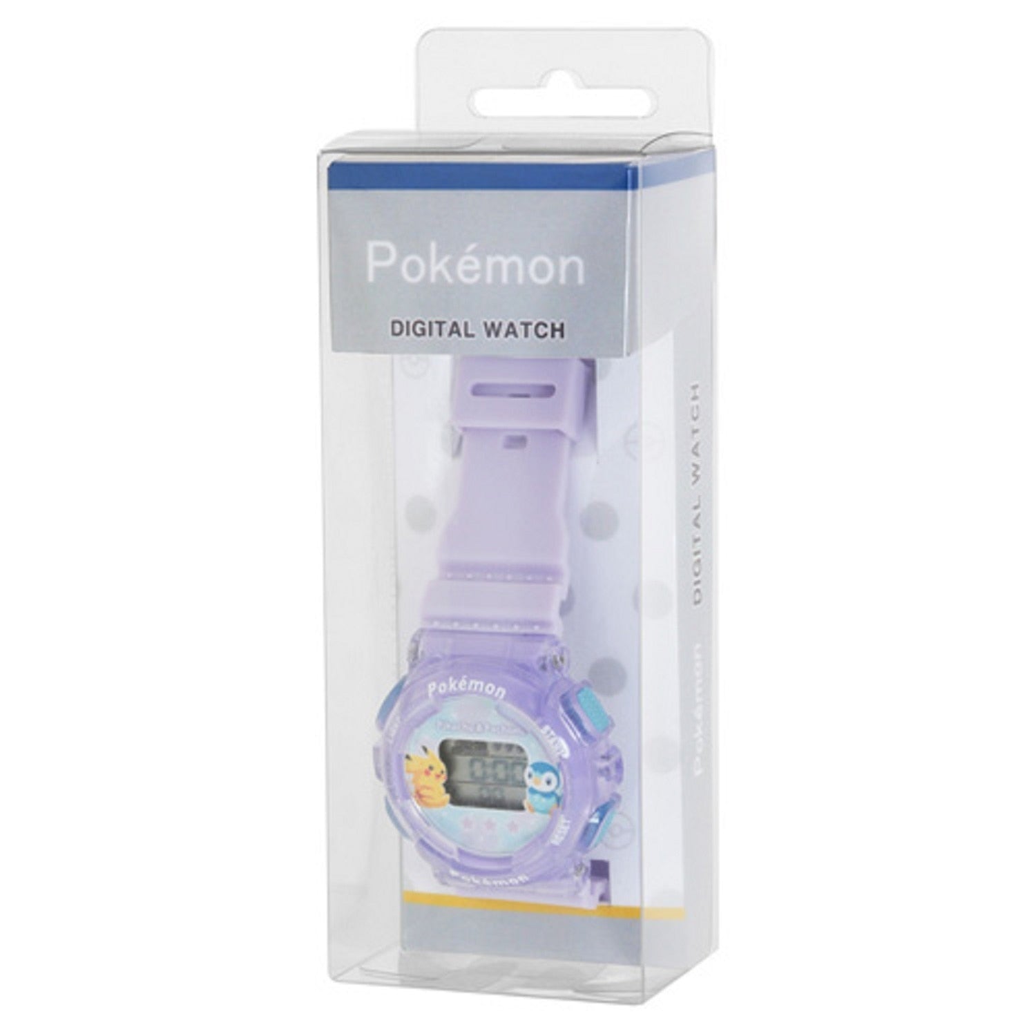 Close-up of Pokemon Digital Watch Purple face, showcasing Japanese details
