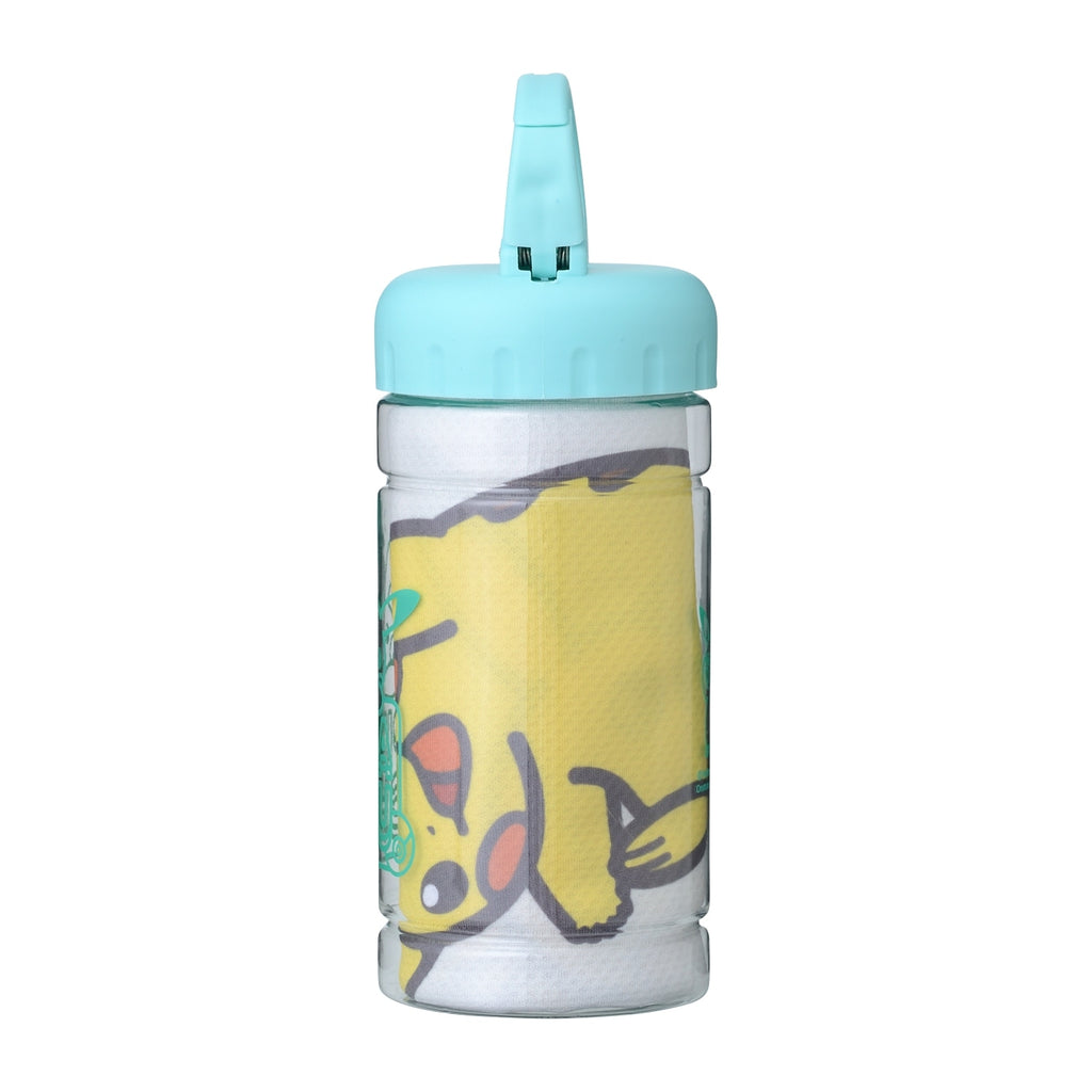 Close-up of Pikachu cool towel in bottle, Japan-made anime treasure