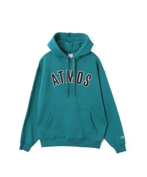 Champion x atmos Super Fleece Hooded Sweatshirt from Japan, featuring bold graphics